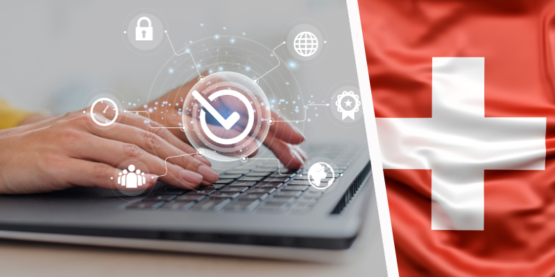 Mains d'un utilisateur tapant sur un clavier avec des icônes de sécurité (verrou, globe, coche) symbolisant la confidentialité numérique, sur fond du drapeau suisse, illustrant la Swiss Privacy menacée par l’OSCPT 2025, avec des enjeux de souveraineté numérique pour l’Afrique via Afrinet